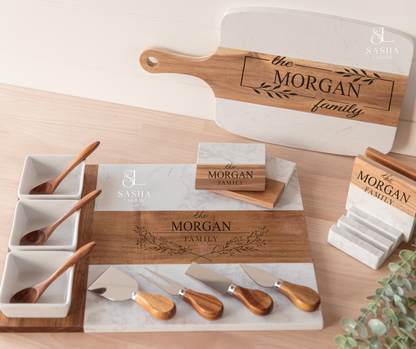 Personalized Marble & Acacia Charcuterie Serving Board Set