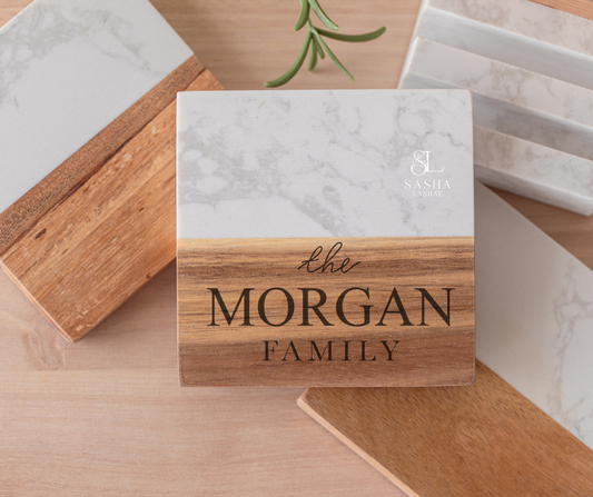 Personalized Marble & Acacia Wood Coaster Set