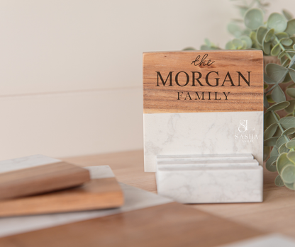 Personalized Marble & Acacia Wood Coaster Set