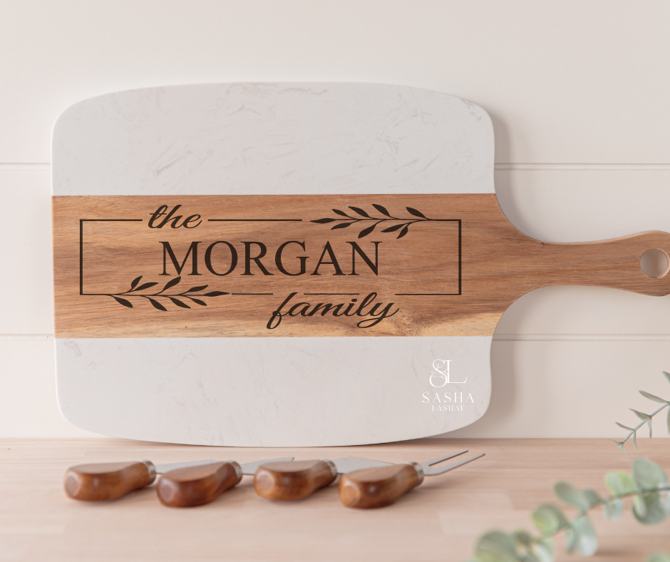 Personalized Marble & Acacia Wood Paddle Charcuterie Board