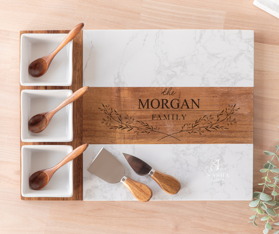 Personalized Marble & Acacia Charcuterie Serving Board Set