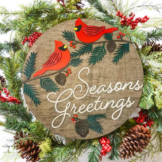 Cardinal Or Chickadee Seasons Greetings Sign Door