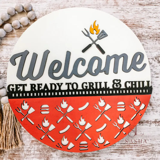 Grill Welcome Sign 12 Inch / Black And Red Bottom Door