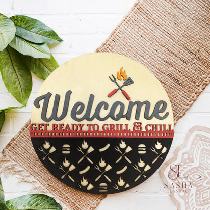 Grill Welcome Sign 12 Inch / Red And Black Bottom Door