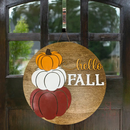 Hello Fall Stacked Pumpkin Round Sign Door