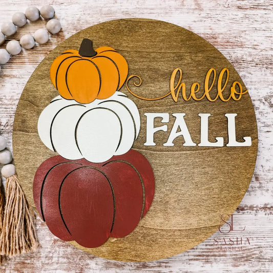 Hello Fall Stacked Pumpkin Round Sign Door
