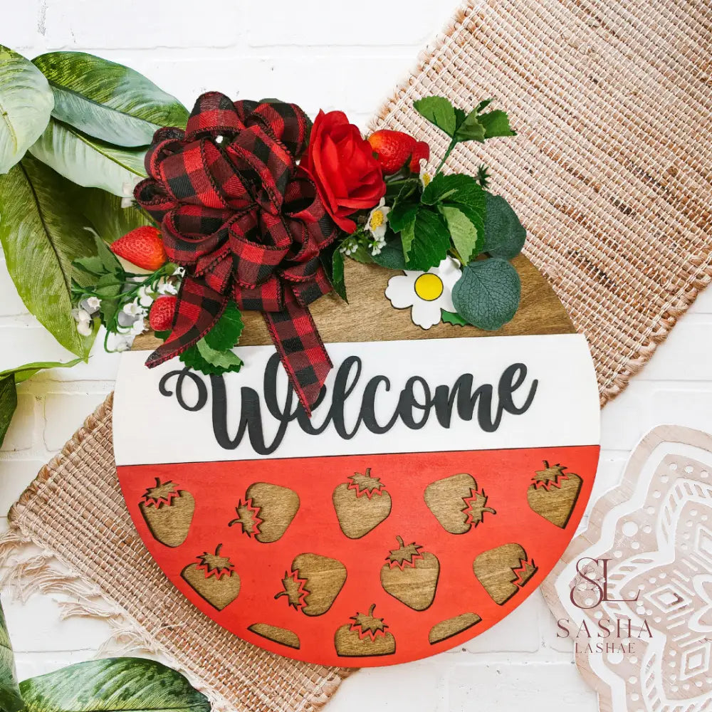 Hi Strawberry Sign 12 Inch / With Bow And Greenery/Florals Welcome Door