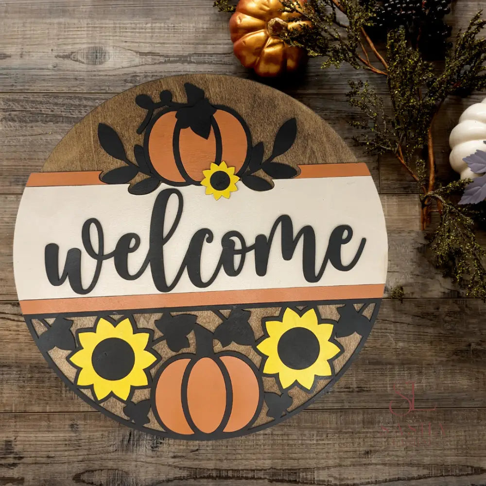 Pumpkin Sunflower Welcome Sign Door