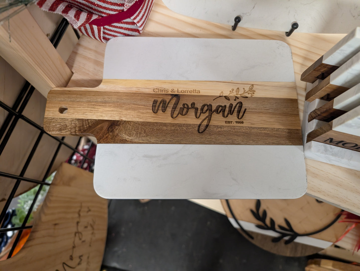 Acacia Wood and Marble Serving Board with Handle 9 x 7 in