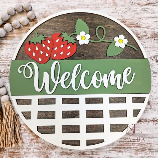 Strawberry Welcome Sign 12 Inch / Green And White Door