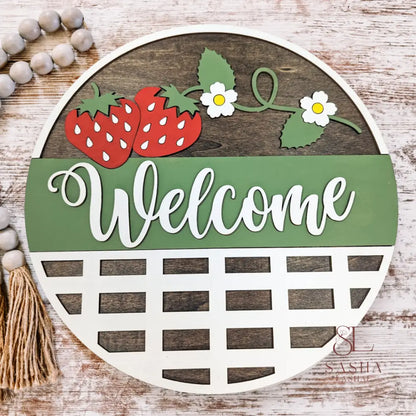 Strawberry Welcome Sign 12 Inch / Green And White Door