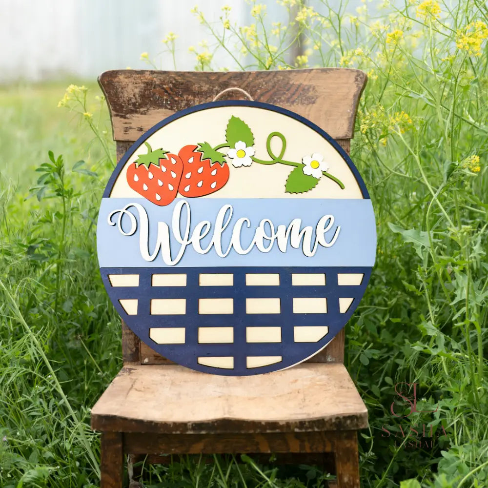 Strawberry Welcome Sign 12 Inch / Navy And Light Blue Door